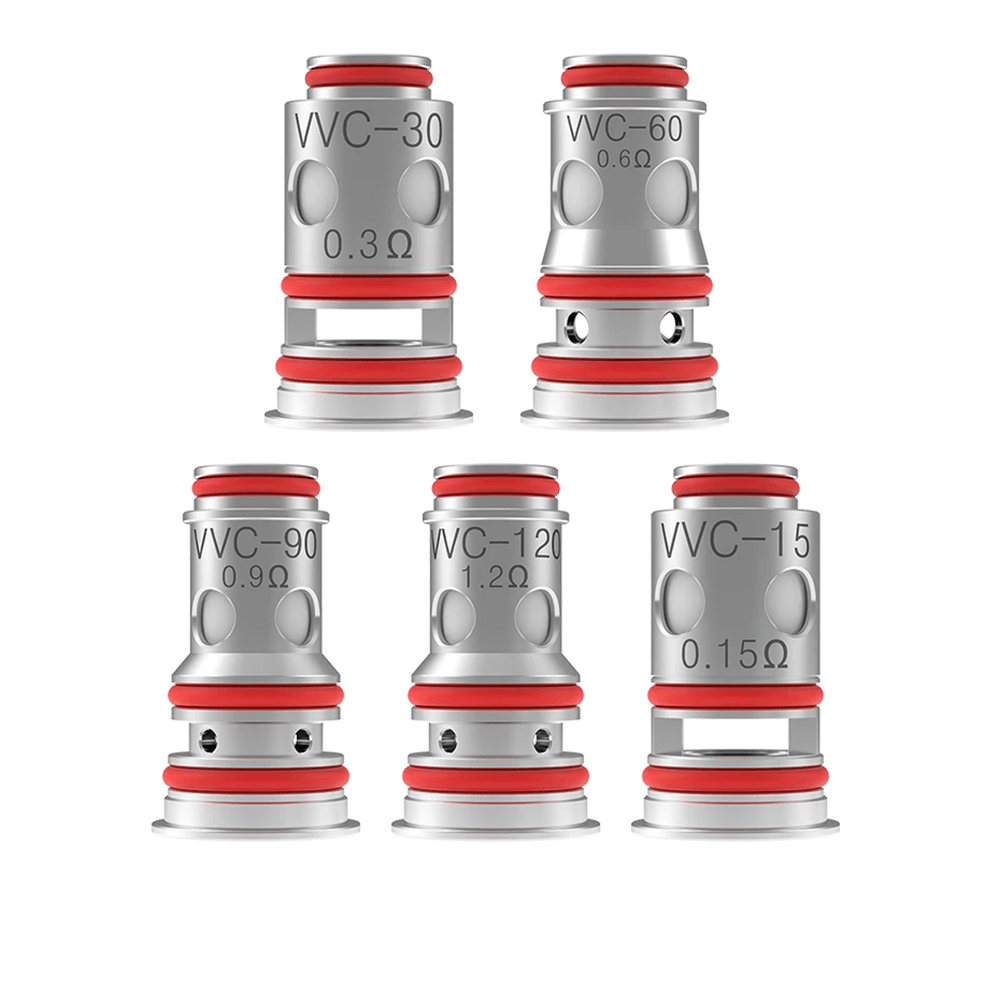 Five Vandy Vape VVC replacement coils with different resistances displayed.