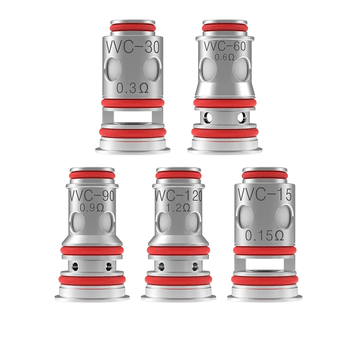 Five Vandy Vape VVC replacement coils with different resistances displayed.