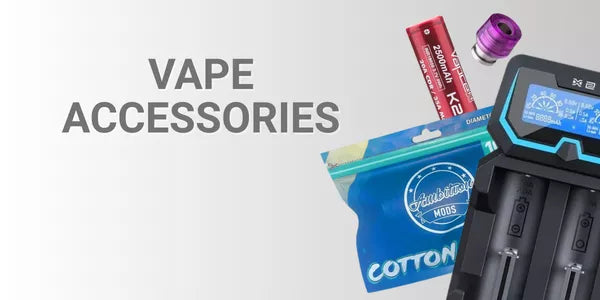 Essential vape accessories including a Vapcell K2 2500mAh battery, an Xtar battery charger, Ambition Mods cotton, and a purple drip tip.