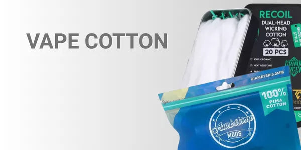 Organic vape wicking material featuring Ambition Mods 100% Pima Cotton and Recoil dual-head shoelace style wicking cotton.