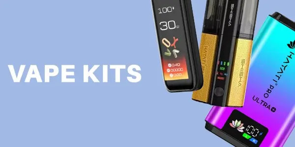 A collection of modern vape kits and pod systems, including the Hayati Pro Ultra Plus, featuring digital OLED battery displays and vibrant gradient colors on a light blue background.
