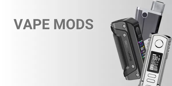 A collection of regulated vape mods featuring the GeekVape Aegis series and silver stainless steel box mods with digital OLED screens.