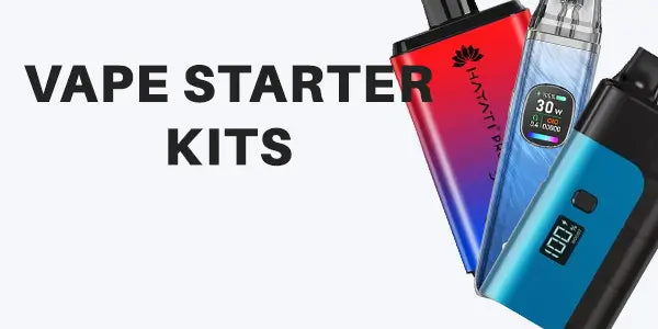 Vape starter kits banner featuring a vibrant red and purple Hayati Pro device and a sleek blue pod system with a 100% battery digital display.