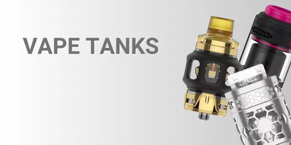 A collection of high-performance vape tanks featuring the Hellvape Fat Rabbit and Uwell Valyrian series in gold, silver, and black finishes.
