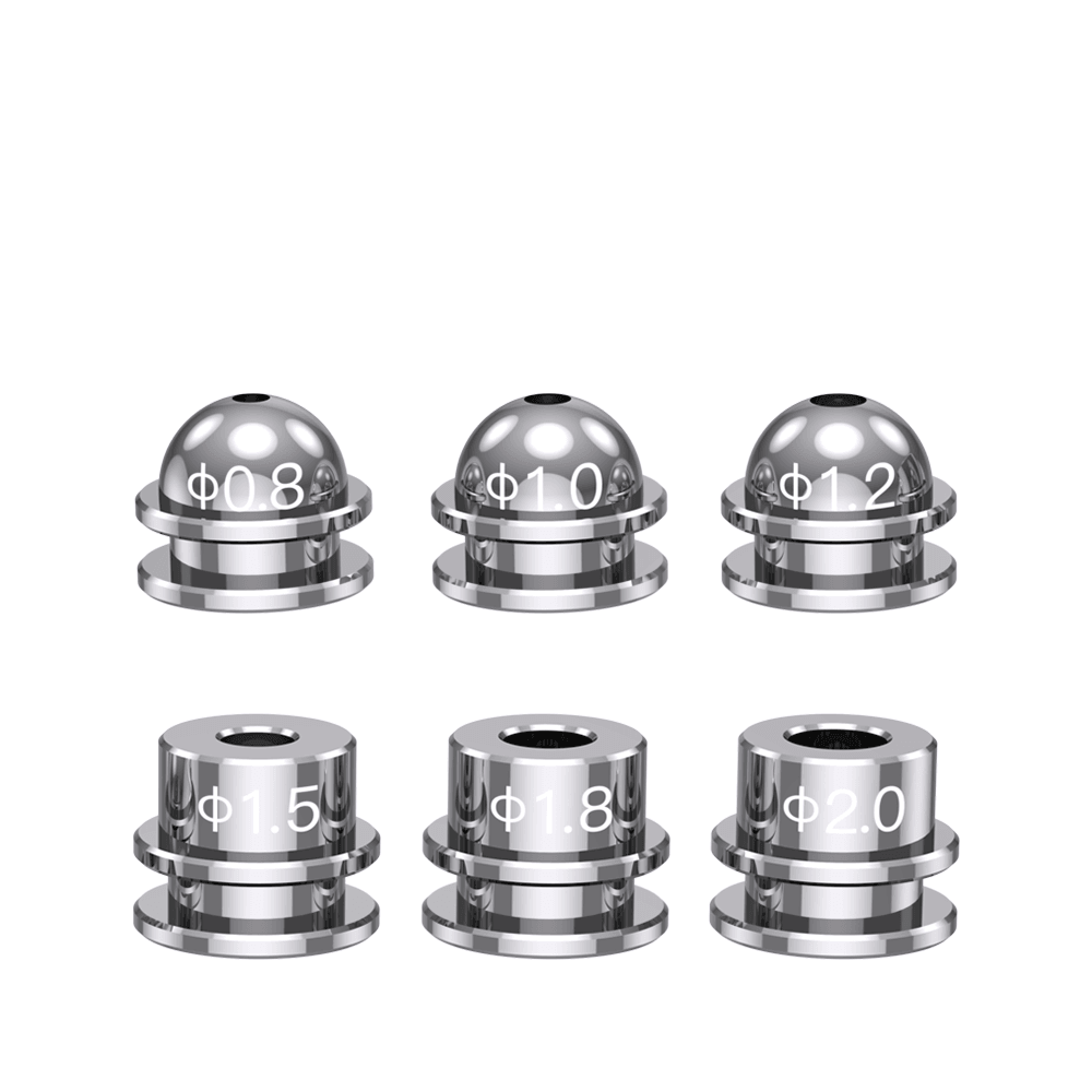 Vapefly Alberich II MTL RTA airflow pins, six silver metal pieces with size markings.