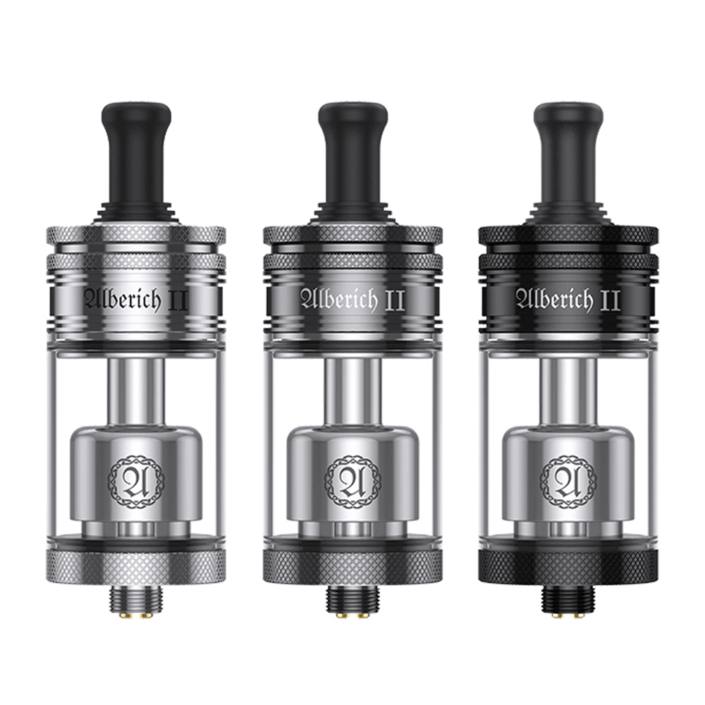 Three Vapefly Alberich II MTL RTA tanks with silver finish and black drip tips.