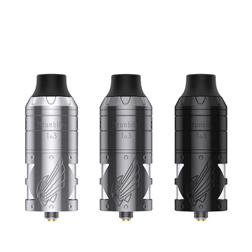 Three Vapefly Brunhilde 1o3 RTAs in silver, grey, and black with engraved design.