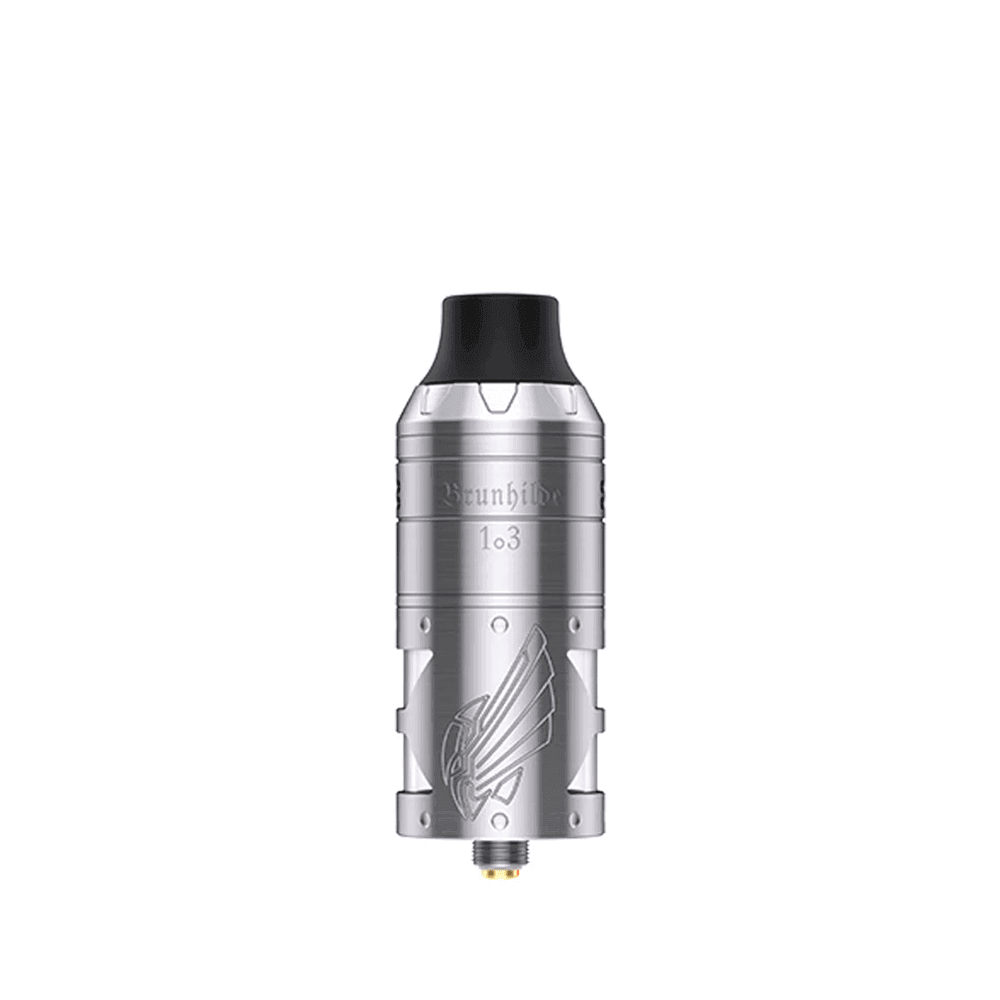 Vapefly Brunhilde 1o3 RTA in silver, featuring an engraved wing design.