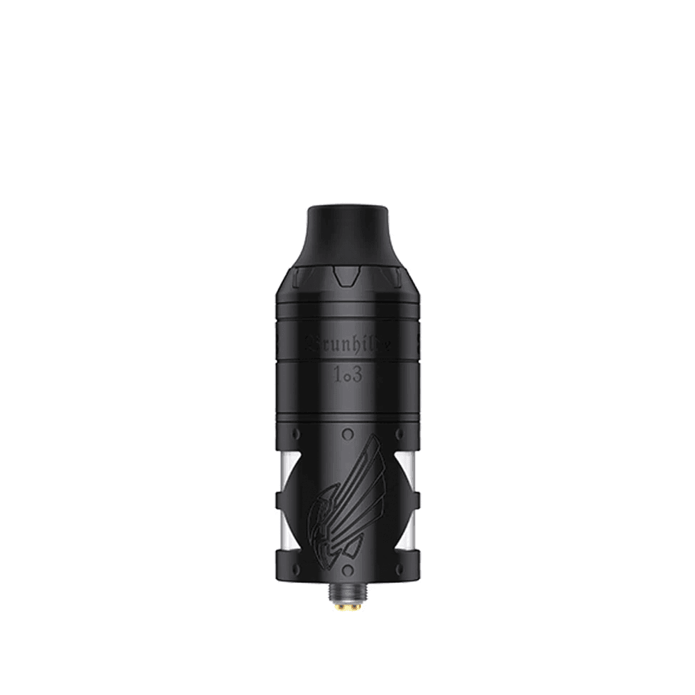 Vapefly Brunhilde 1o3 RTA in black, showing intricate design and branding detail.