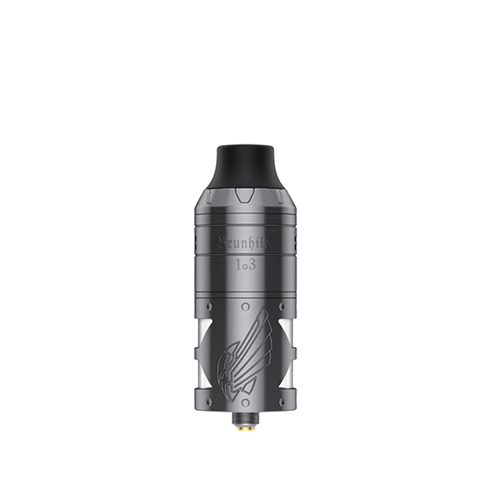 Silver Vapefly Brunhilde 1o3 RTA with engraved design, black drip tip.