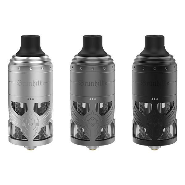 Three Vapefly Brunhilde MTL RTA tanks in silver and black, featuring intricate designs.