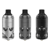 Three Vapefly Brunhilde MTL RTA tanks in silver and black, featuring intricate designs.