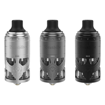 Three Vapefly Brunhilde MTL RTA tanks in silver and black, featuring intricate designs.