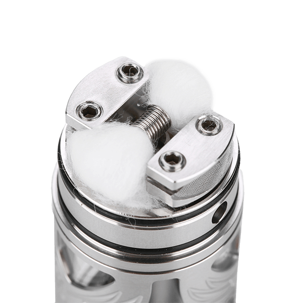 Close-up of Vapefly Brunhilde MTL RTA showing coil and cotton wicking.