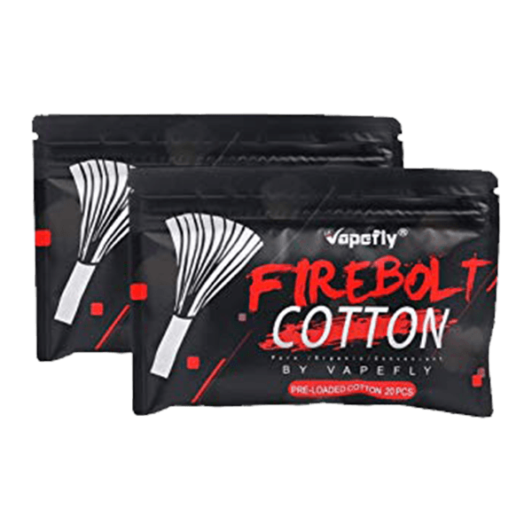 Two black Vapefly Firebolt Cotton packs with white and red design elements.