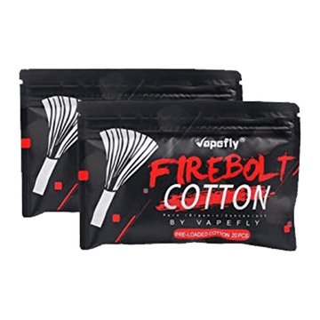 Two black Vapefly Firebolt Cotton packs with white and red design elements.