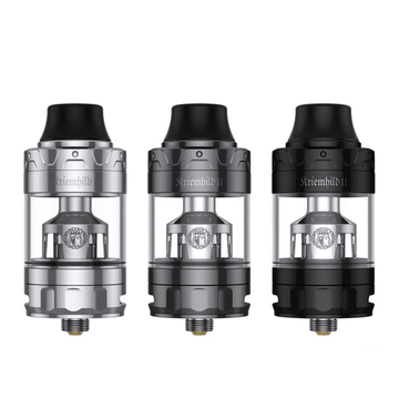 Three Vapefly Kriemhild II tanks in silver, gunmetal, and black, displayed side by side.