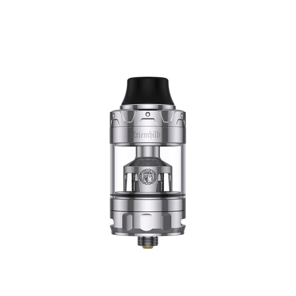 Silver Vapefly Kriemhild II sub-ohm tank with a sleek design and black mouthpiece.