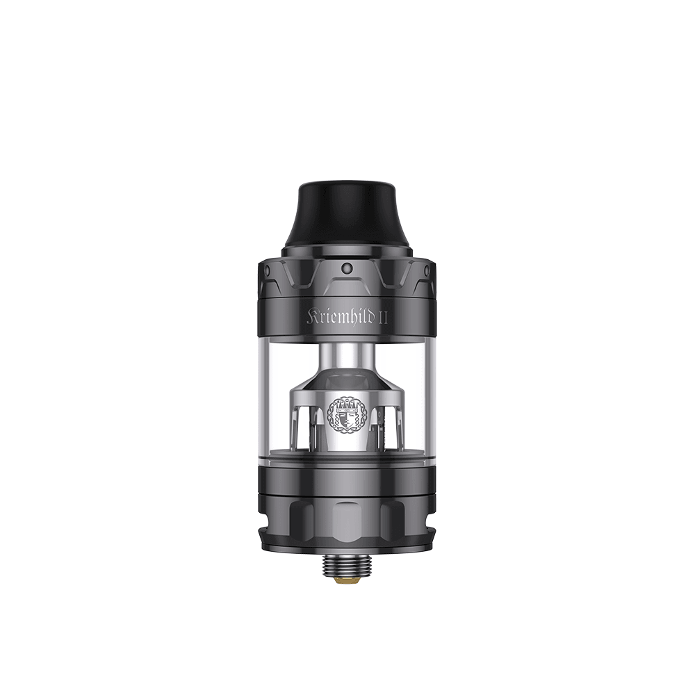 Vapefly Kriemhild II sub-ohm tank, black and silver, isolated on white background.