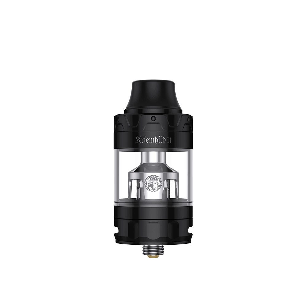 Vapefly Kriemhild II sub-ohm tank, black, with clear glass chamber, UK vape accessory.