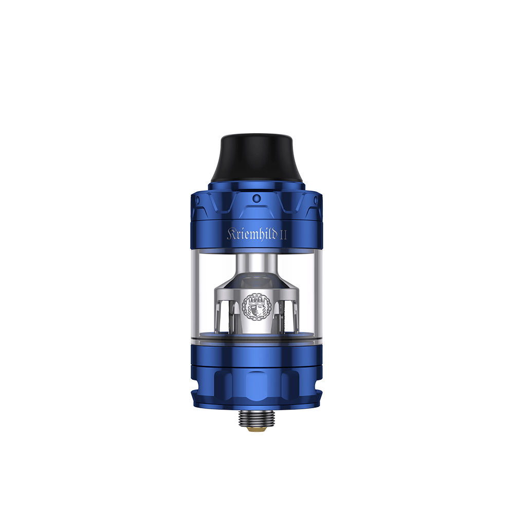 Blue Vapefly Kriemhild II sub-ohm tank with black mouthpiece, displayed on a white background.