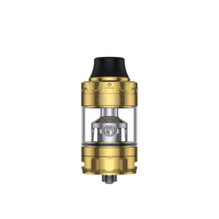 Gold Vapefly Kriemhild II sub-ohm vape tank, clear glass, black mouthpiece.