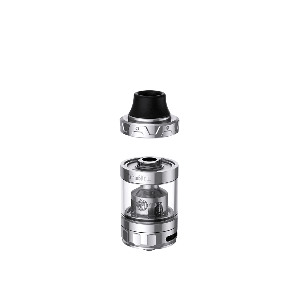 Vapefly Kriemhild II sub-ohm tank, silver finish, disassembled view.