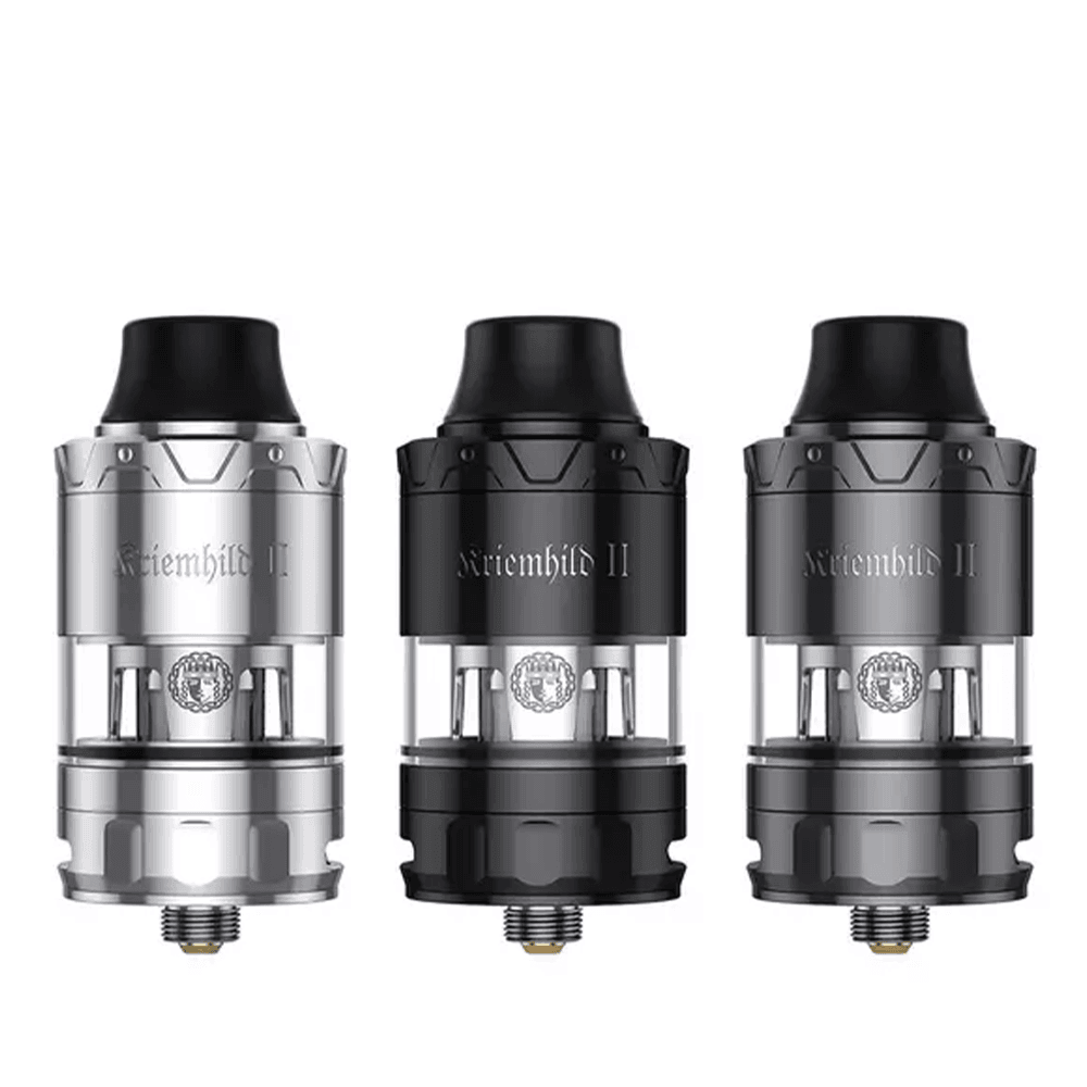 Three Kriemhild II vape tanks in silver and black.