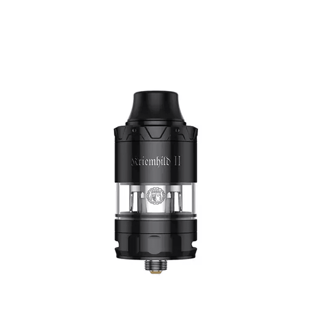 Black Vapefly Kriemhild II sub-ohm tank with clear glass section and metal accents.