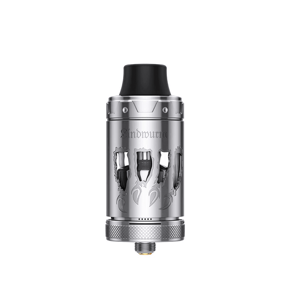 Silver Vapefly Lindwurm RTA vape tank with engraved details on a white background.