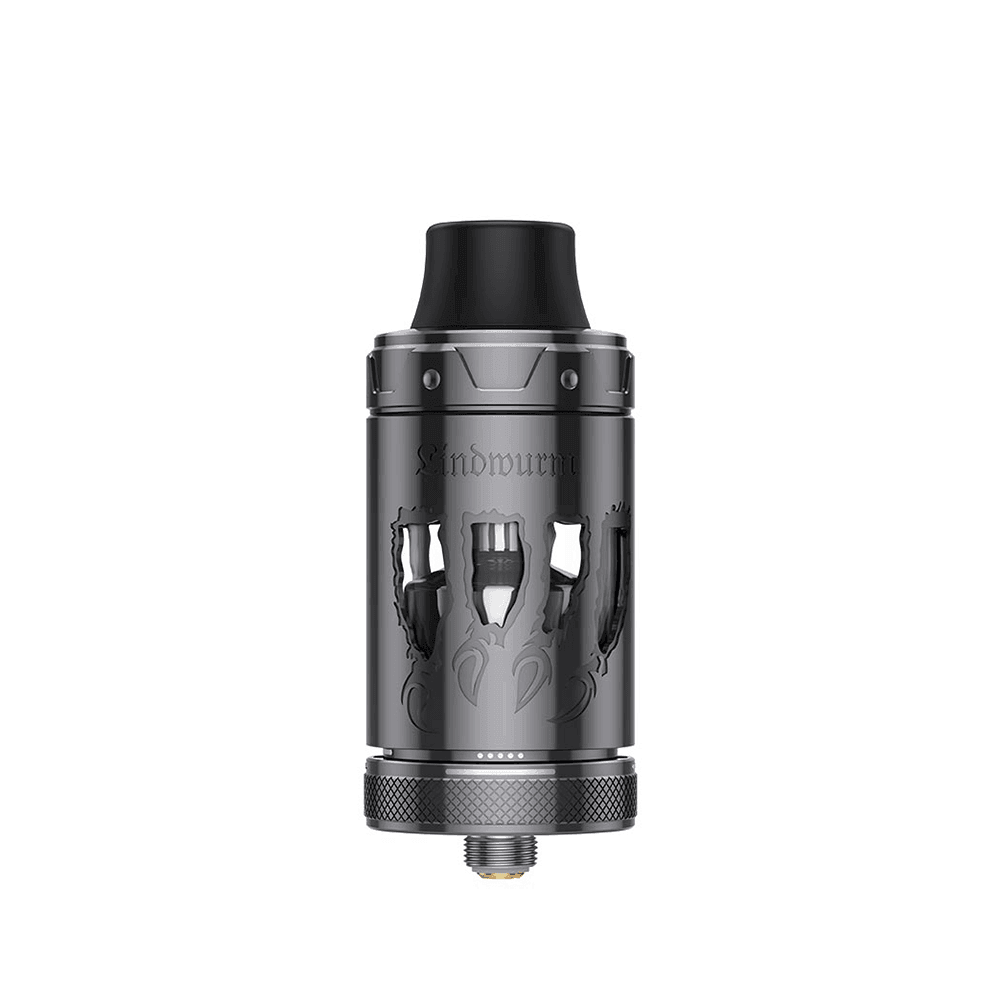 Vapefly Lindwurm RTA with intricate design, black finish, available at ECigOne Vape Shop UK.