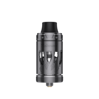 Sleek black Vapefly Lindwurm RTA with intricate cutout design.