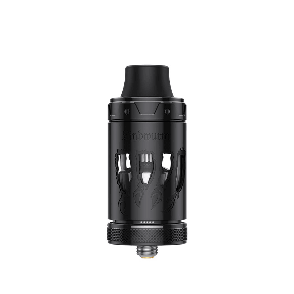 Vapefly Lindwurm RTA in black, showing detailed engravings and a sleek design.