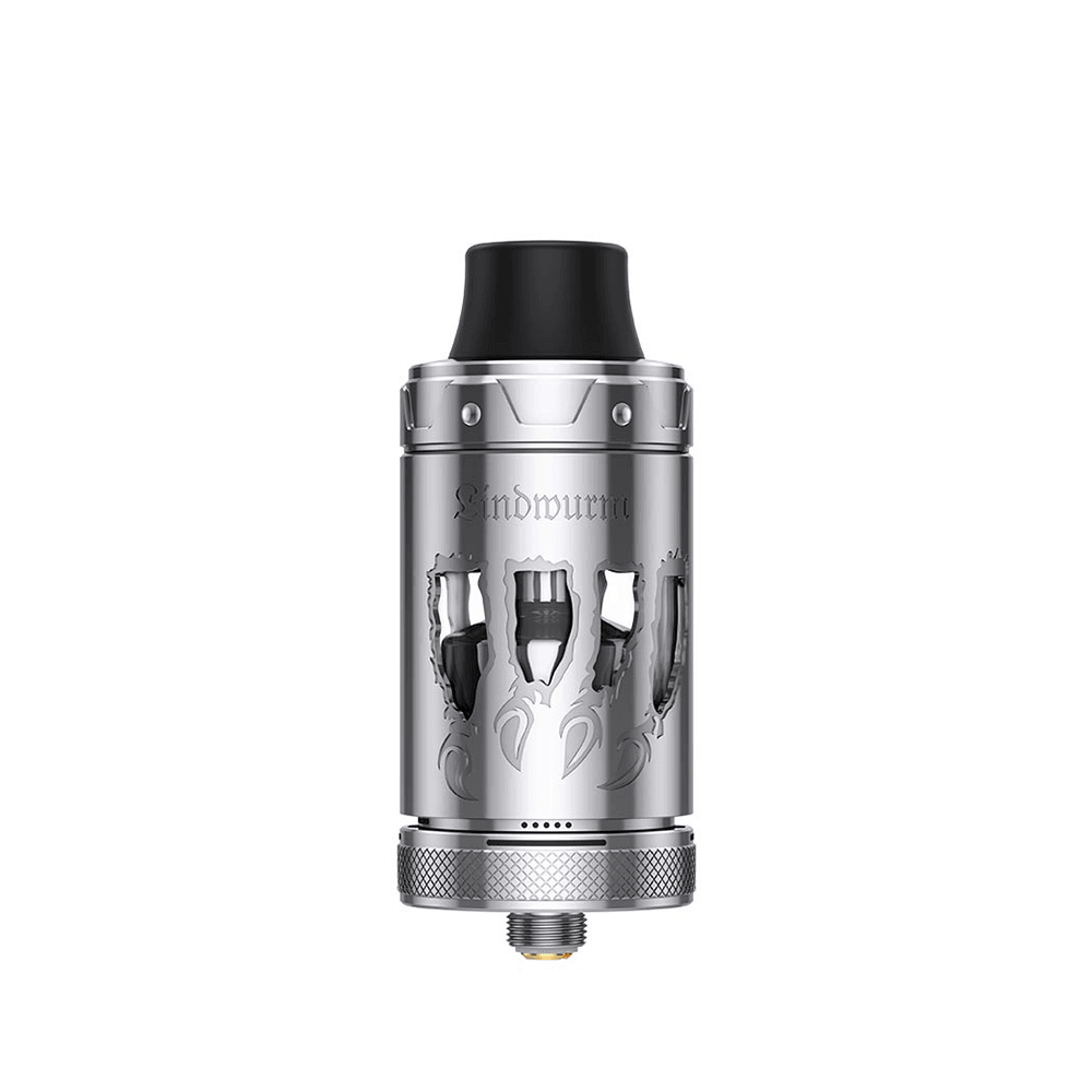 Silver Lindwurm RTA vape tank with intricate cut-out design.