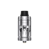 Silver Lindwurm RTA vape tank with intricate cut-out design.