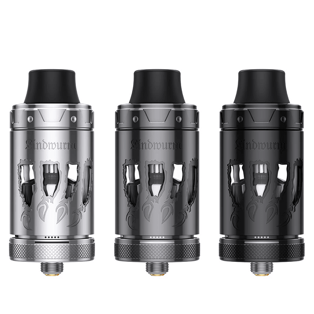 Three Lindwurm RTA vape tanks in silver, grey, and black with intricate designs.