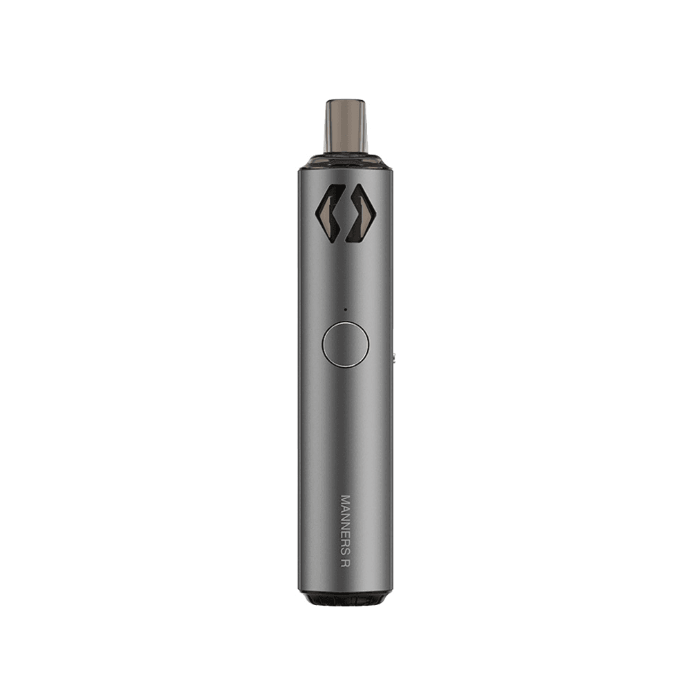 Sleek Vapefly Manners R pod system in metallic grey, button centred.