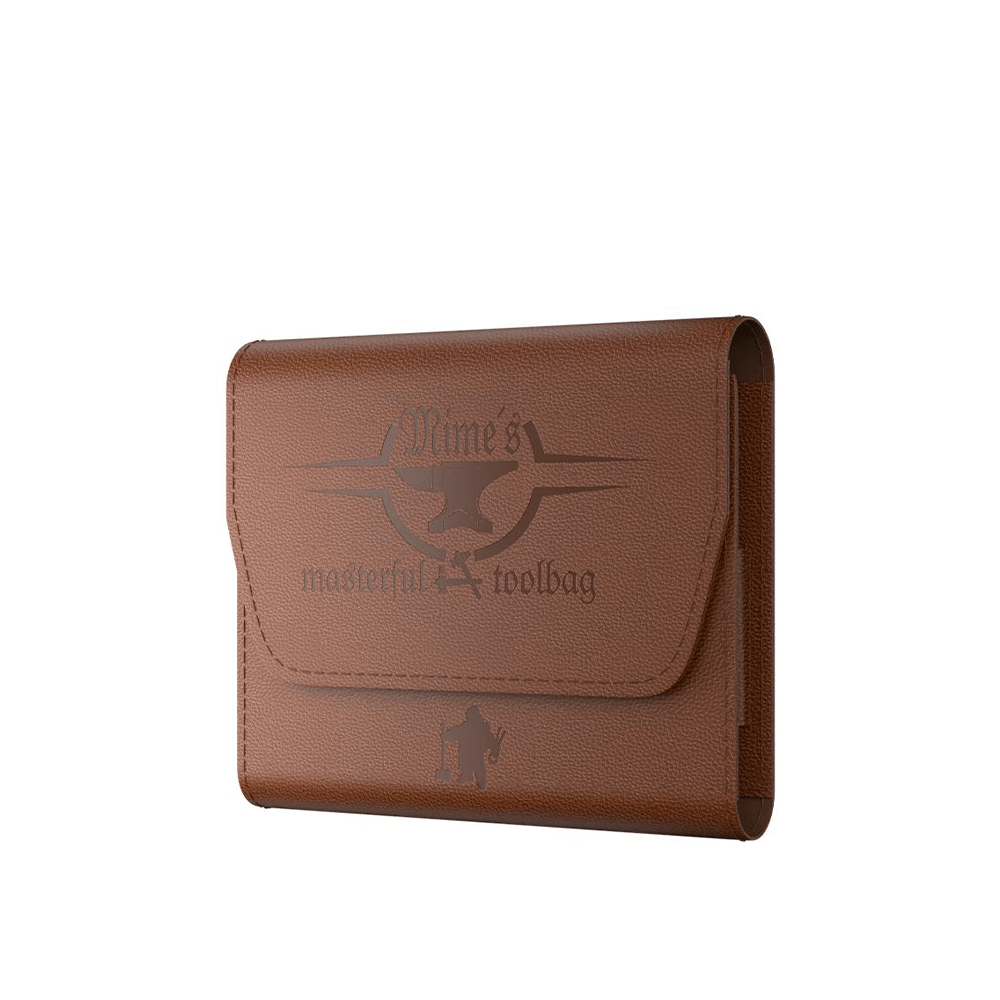 Brown leather vape tool bag with "Mime's masterful toolbag" embossed on the front.