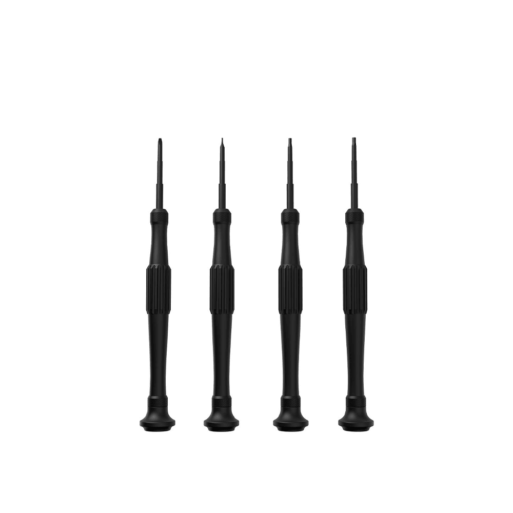 Four black precision screwdrivers aligned vertically.