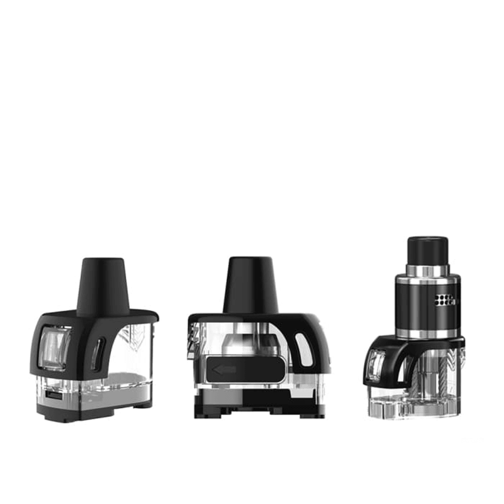 Vapefly Optima pod cartridges in black and clear, displayed in three different views.