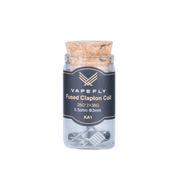 Three jars of Vapefly prebuilt coils with cork lids and labels.