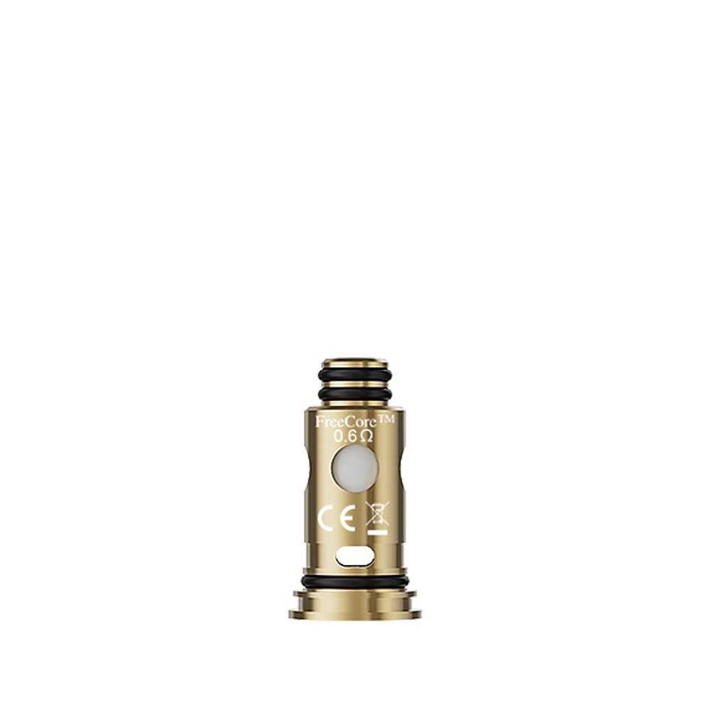 Vapefly FreeCore G coil, gold-tone finish, 0.6Ω resistance, displayed against white background.