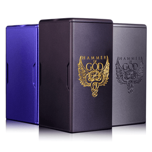 Three Vaperz Cloud Hammer of God box mods in blue, black, and grey, with logo designs.