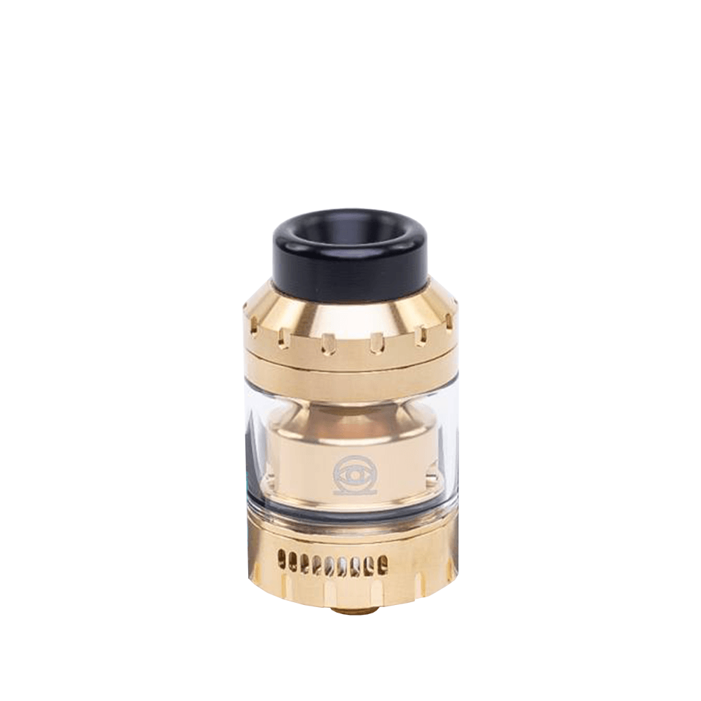 Vaperz Cloud Osiris Mini RTA in gold, with a clear tank and black top, from Ecigone Vape Shop UK.