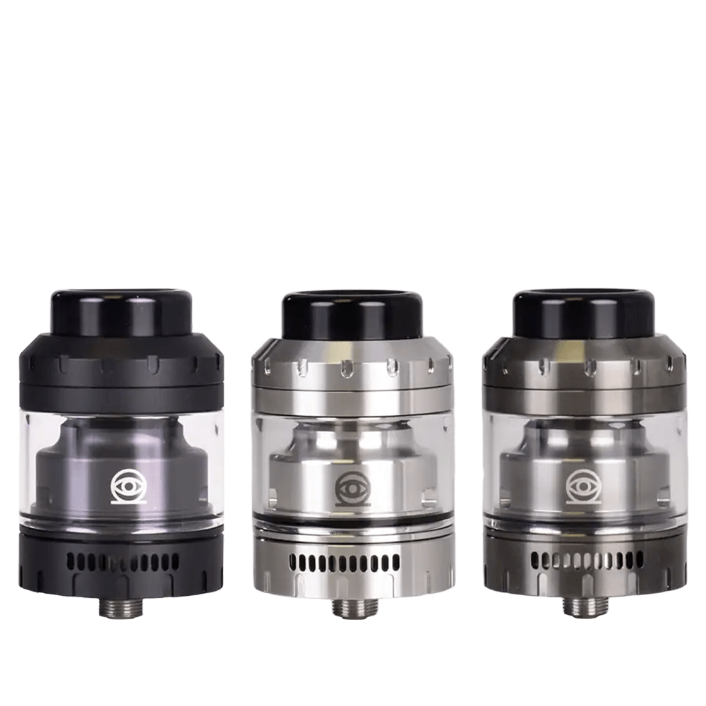 Three Vaperz Cloud Osiris RTAs in black, silver, and grey on a white background.