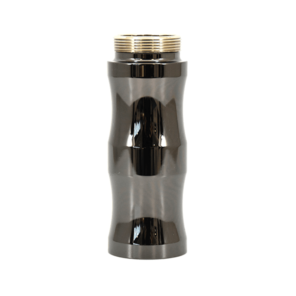 Sleek black metal vape mod section, cylindrical with a glossy finish.