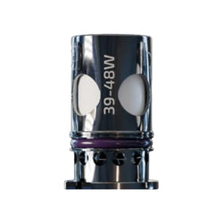 Vaperz Cloud VC Temp Tech Coils displayed in a row, showing four different coil types with power ratings: 50-60W, 20-26W, 29-37W, and 39-48W. Each coil has a metallic finish, visible wicking ports, and purple O-rings at the base.