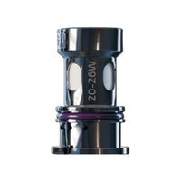 A close-up image of a Vaperz Cloud VC Temp Tech 0.6-ohm coil for vaping devices, showing a metallic, cylindrical design with cut-out windows and a purple O-ring at the base. The coil has "20-26W" printed on the side, indicating the recommended wattage range.