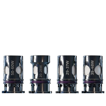 Vaperz Cloud VC Temp Tech Coils displayed in a row, showing four different coil types with power ratings: 50-60W, 20-26W, 29-37W, and 39-48W. Each coil has a metallic finish, visible wicking ports, and purple O-rings at the base.