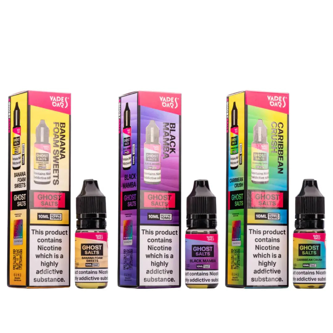 Ghost 10ml Nicotine Salts e-liquids displayed in three vibrant flavours: Banana Foam Sweets, Black Mamba, and Caribbean Crush. Each bottle is compact, featuring a clean design and colour-coded labels that correspond to the respective flavours.